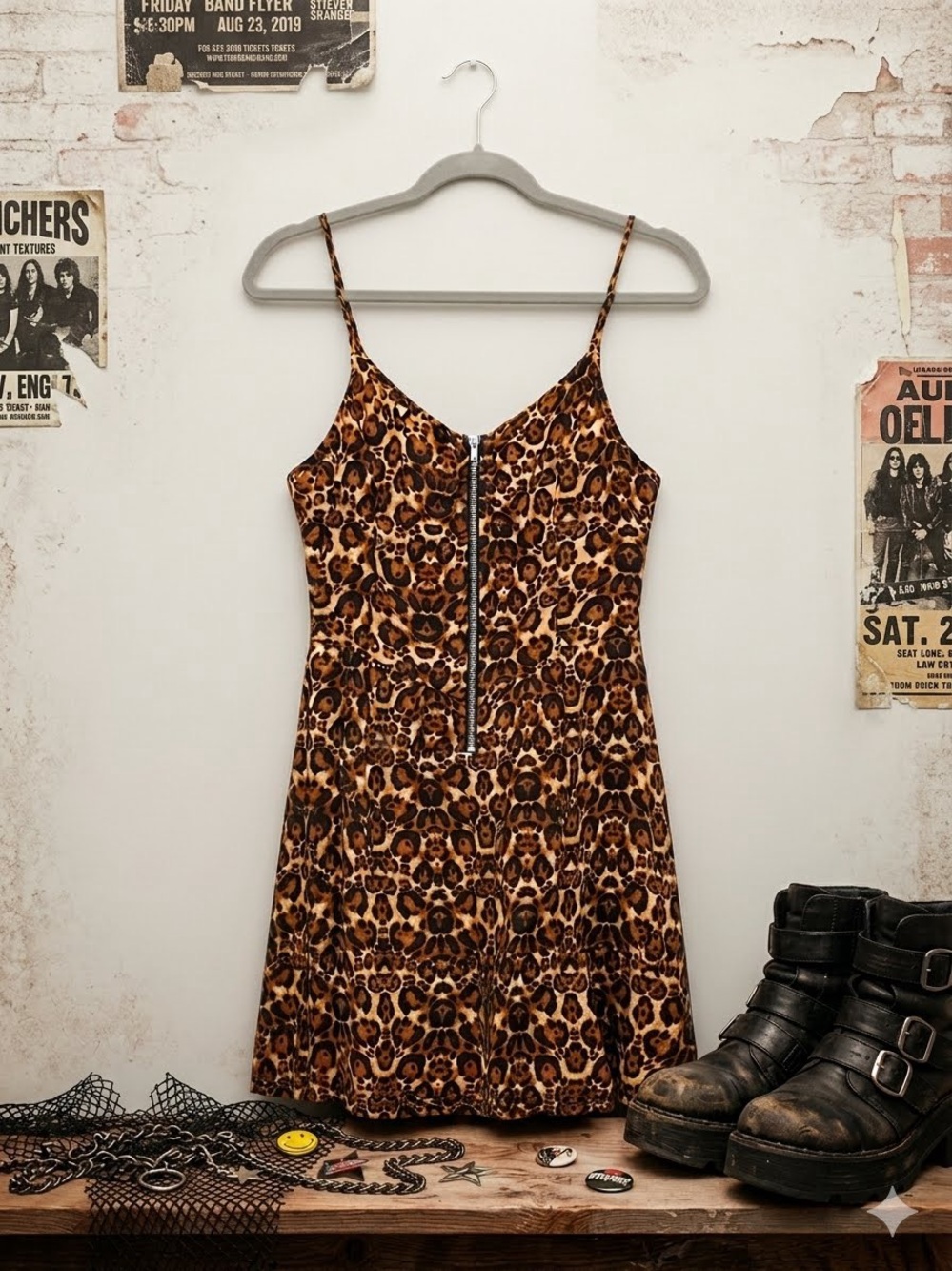 H&M Divided Leopard Print Zip Up Front Mini Dress Cami Straps Grunge Punk 90’s